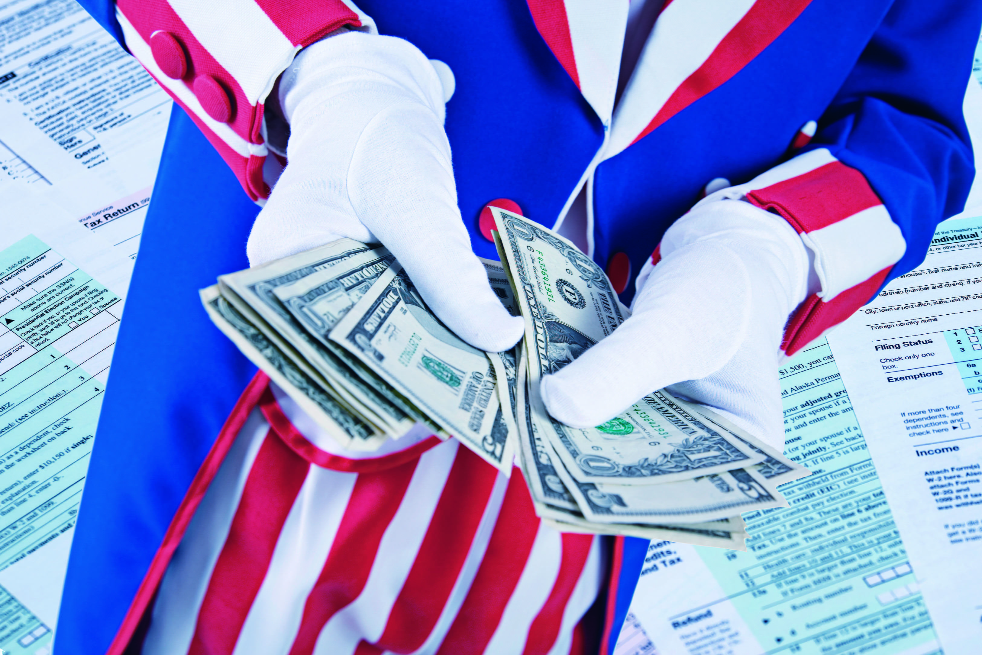 Uncle Sam handing out a stack of money